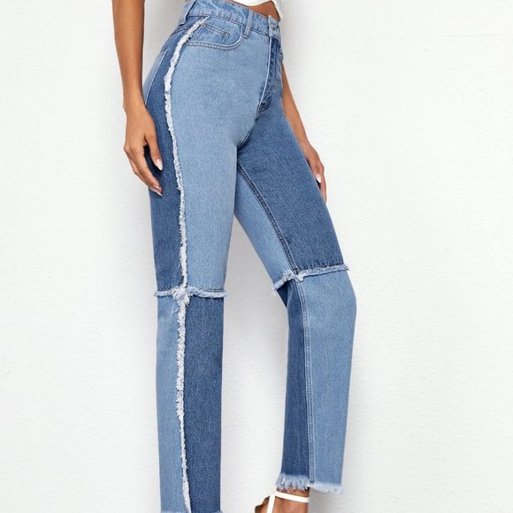 High Waisted Raw Hem Spliced Carrot Jeans - Picture 3 of 3